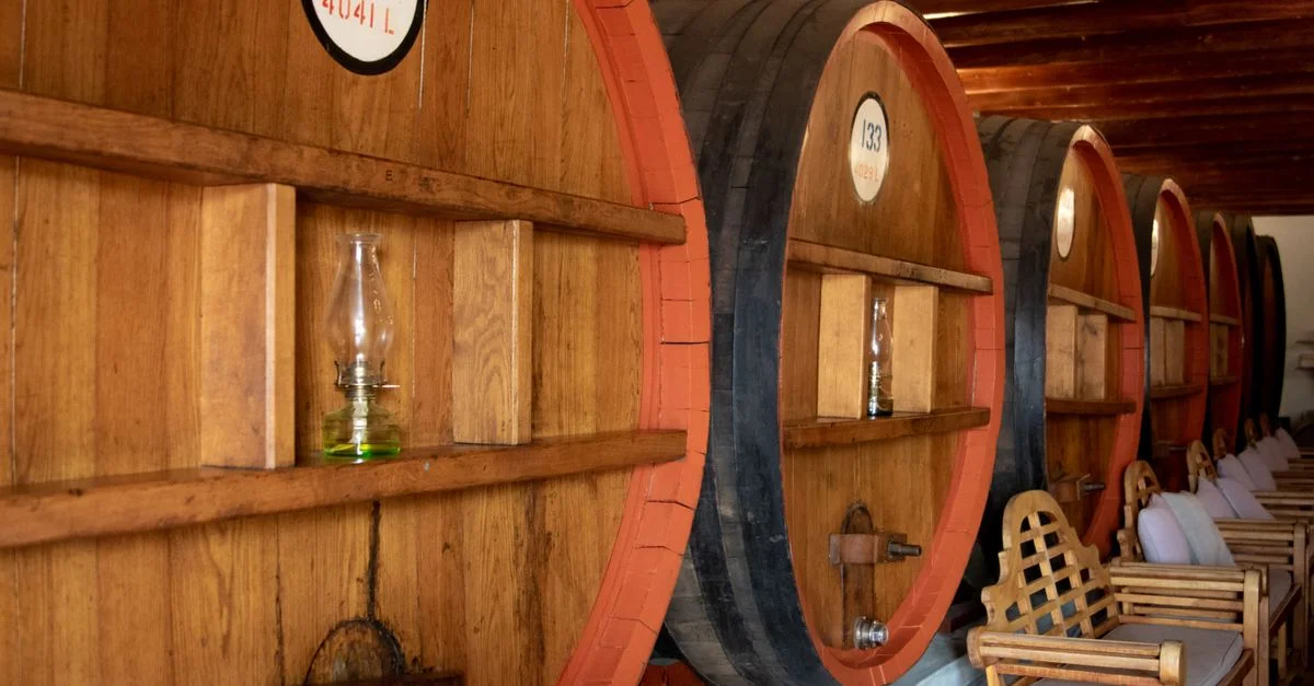 Interior acogedor de bodega con grandes barricas de madera y área de descanso.